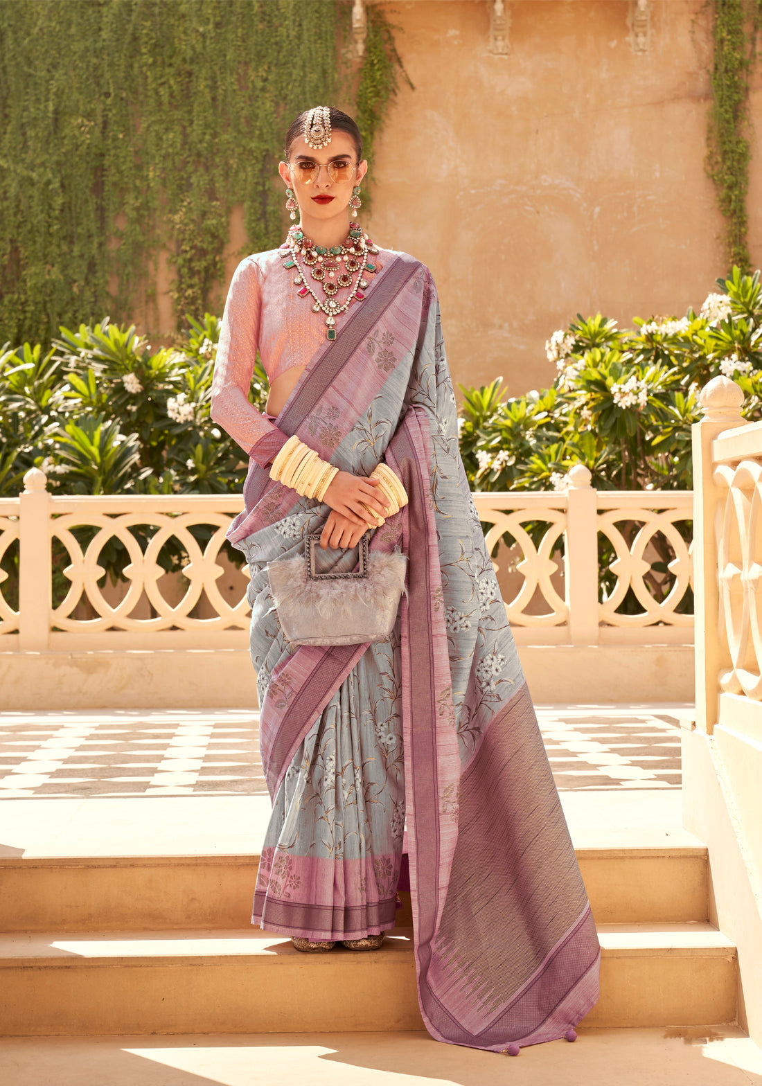 Lavender and Grey Super Pv Raw Silk Saree with Foil Print