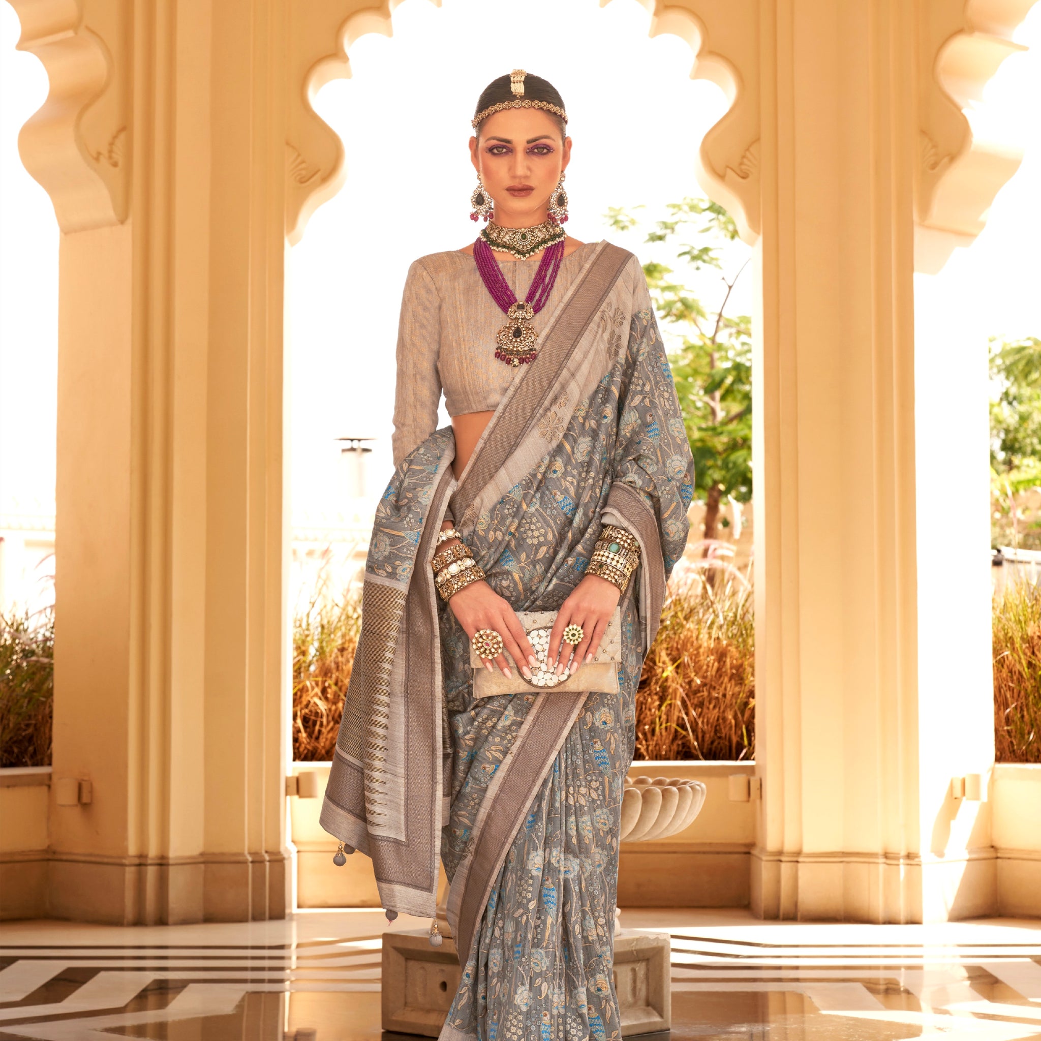 Grey and Blue Super Pv Raw Silk Saree with Foil Print