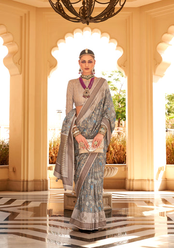 Grey and Blue Super Pv Raw Silk Saree with Foil Print