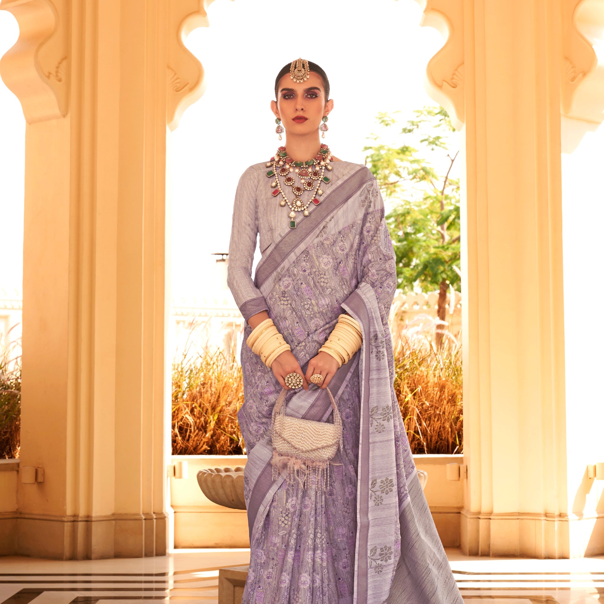 Soft Lilac and Grey Super Pv Raw Silk Saree with Foil Print