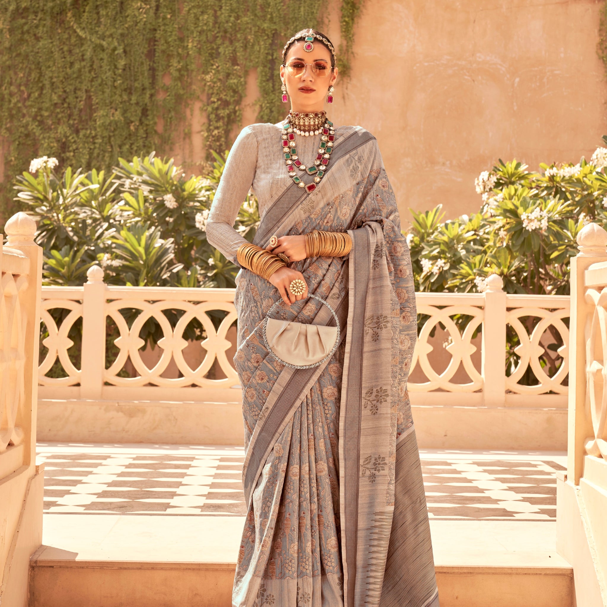 Taupe and Grey Super Pv Raw Silk Saree with Foil Print