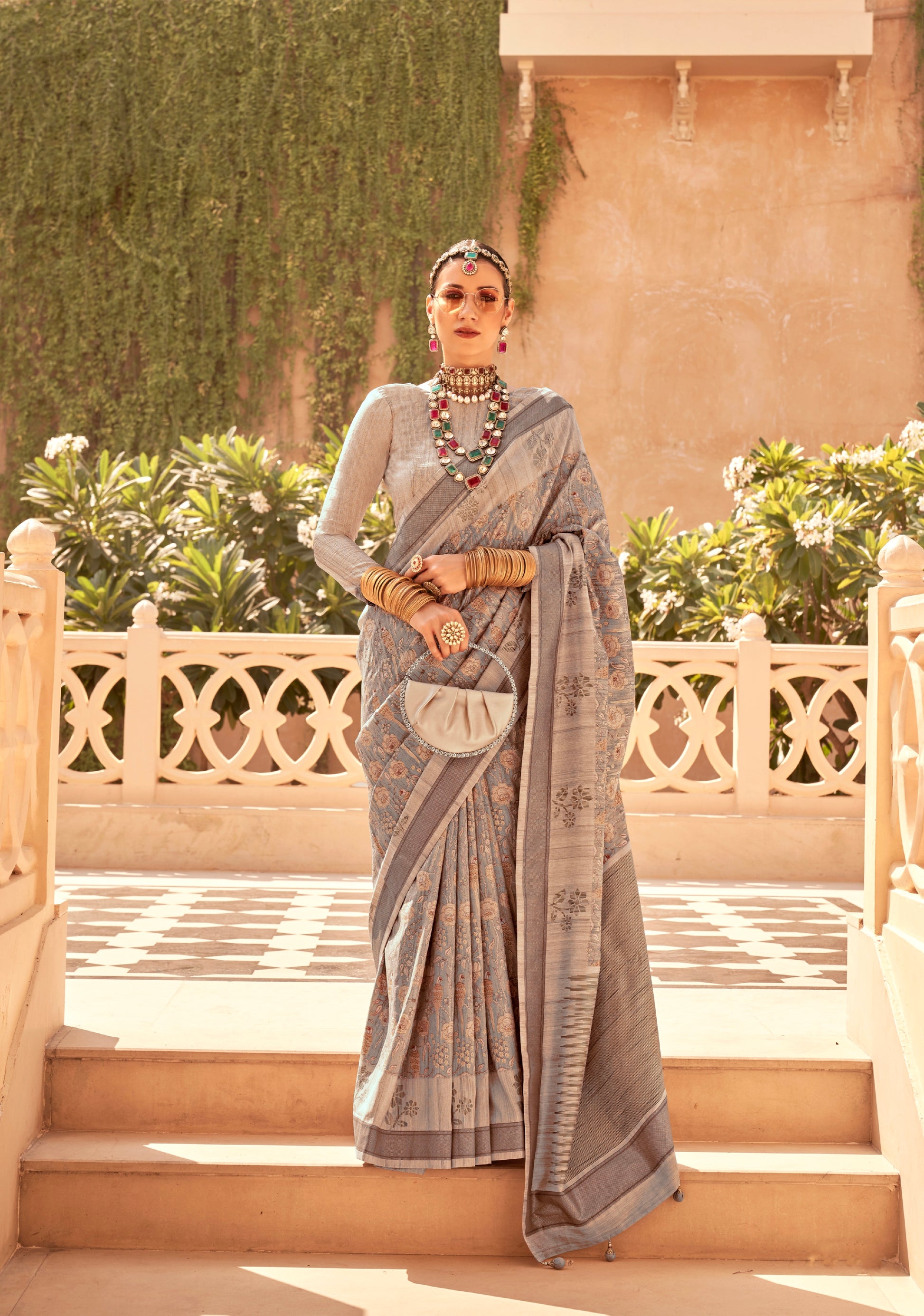 Taupe and Grey Super Pv Raw Silk Saree with Foil Print