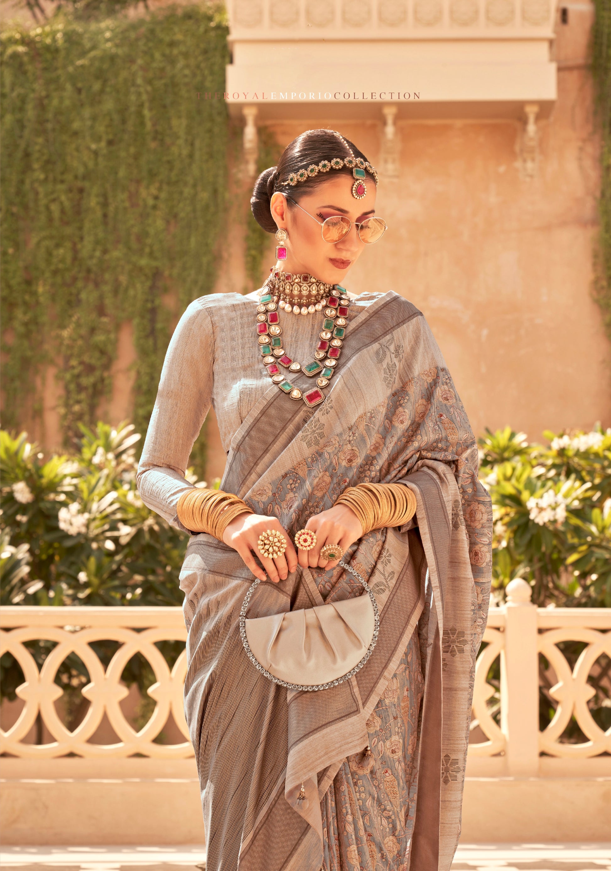 Taupe and Grey Super Pv Raw Silk Saree with Foil Print