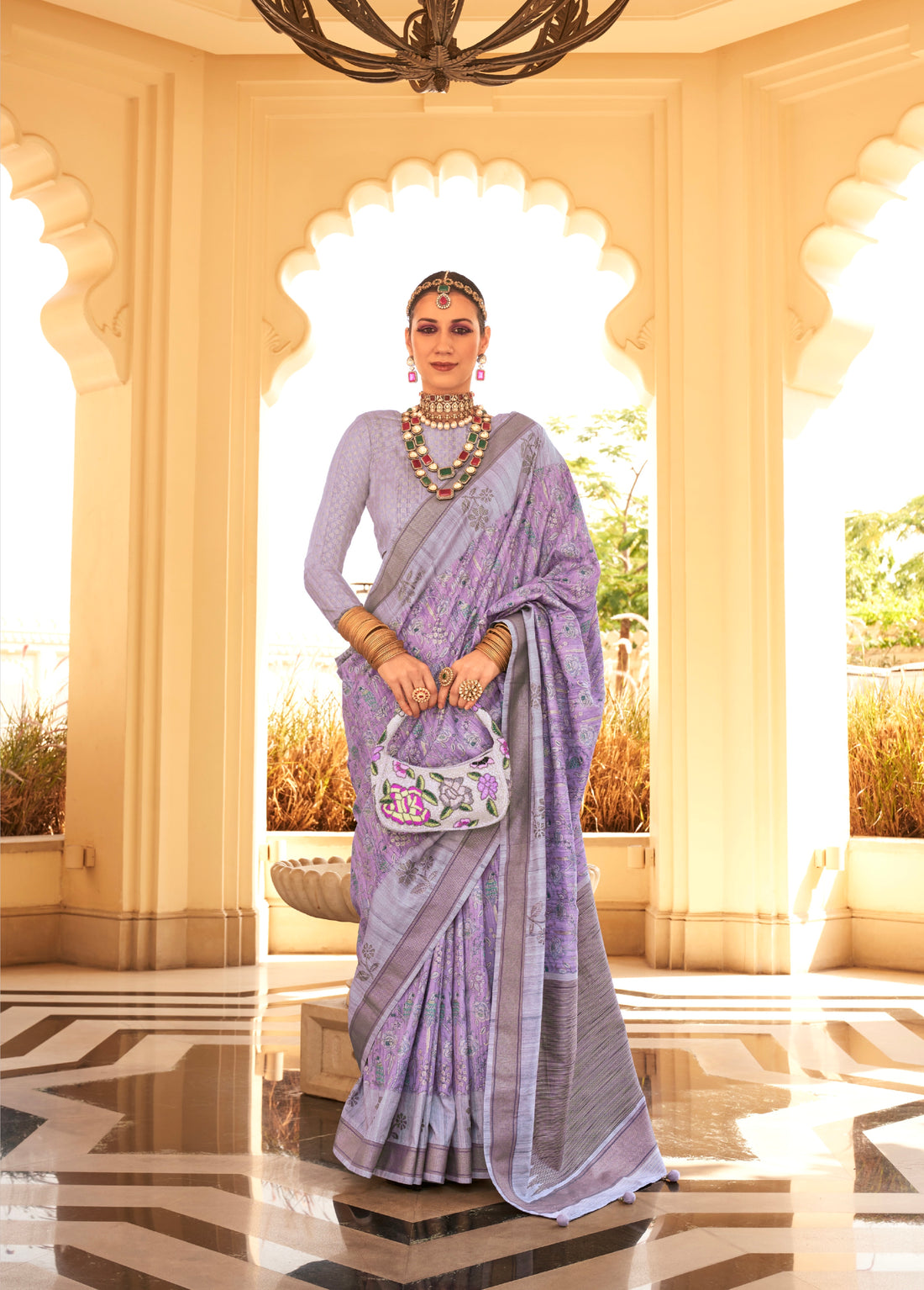 Lavender and Steel Grey Super Pv Raw Silk Saree with Foil Print