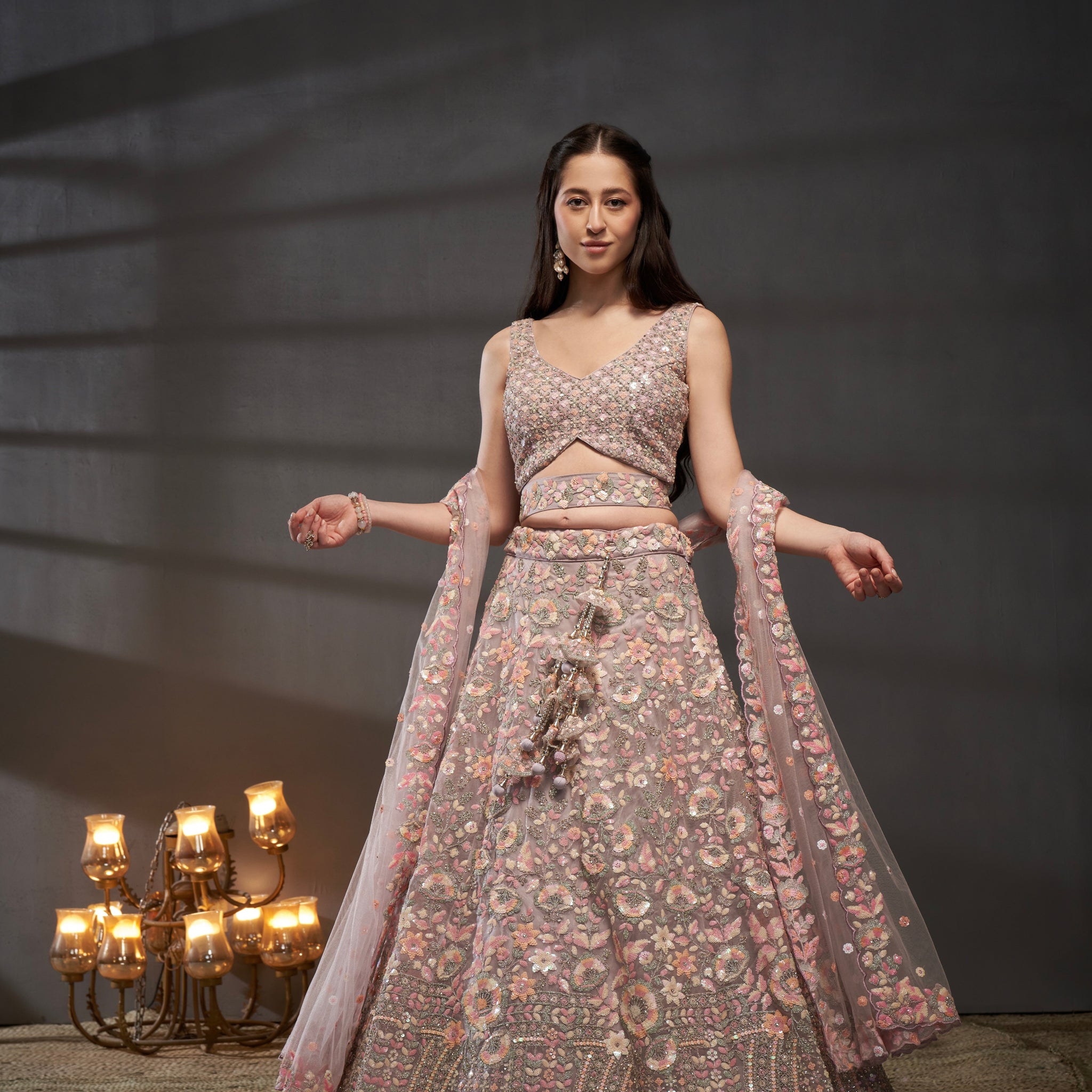 Mauve Net Floral Sequins with Heavy Zarkan Embroidery Lehenga Choli & Dupatta