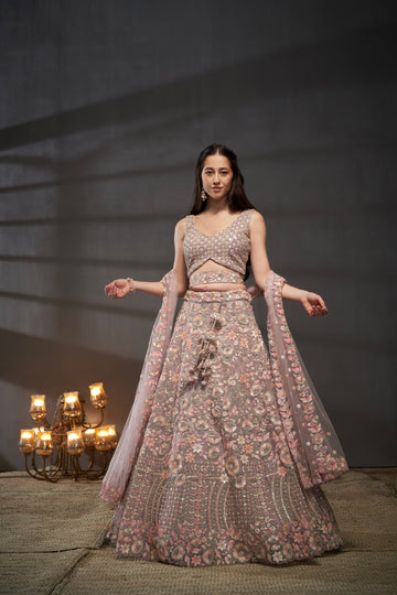 Mauve Net Floral Sequins with Heavy Zarkan Embroidery Lehenga Choli & Dupatta