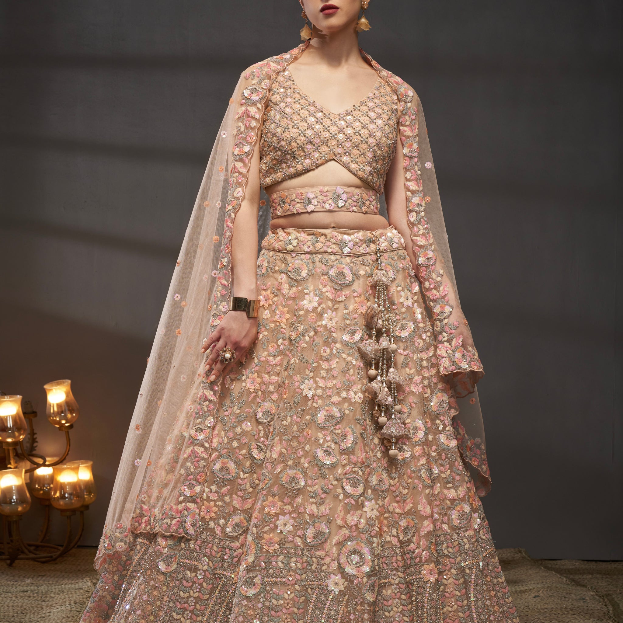 Peach Net Floral Sequins with Heavy Zarkan Embroidery Lehenga Choli & Dupatta
