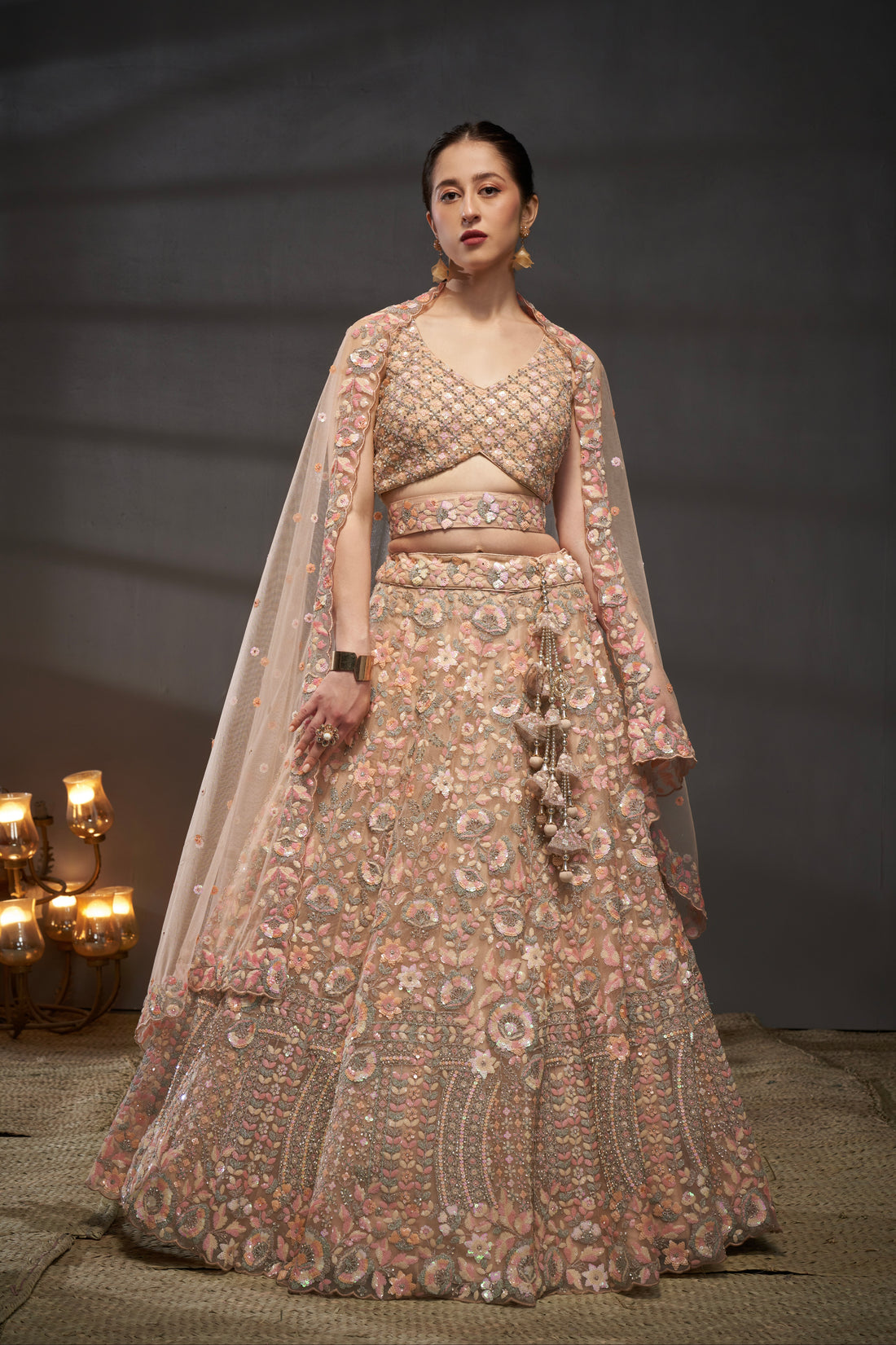 Peach Net Floral Sequins with Heavy Zarkan Embroidery Lehenga Choli & Dupatta
