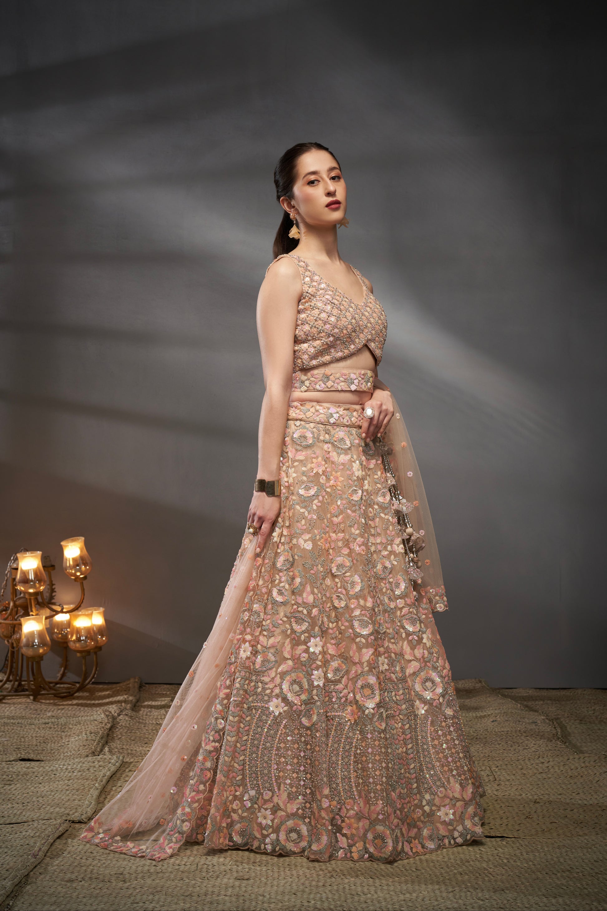 Peach Net Floral Sequins with Heavy Zarkan Embroidery Lehenga Choli & Dupatta
