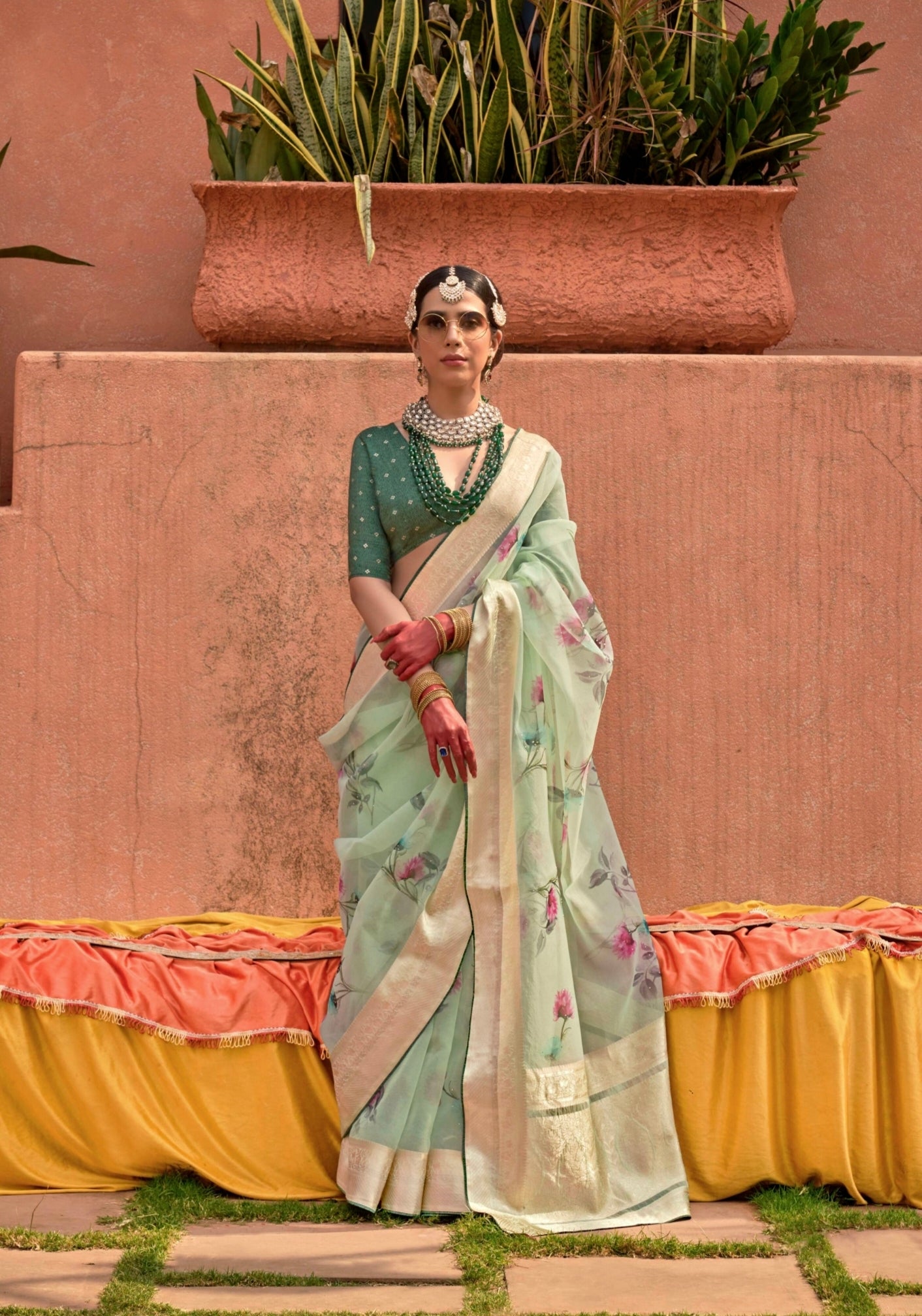 Light Green Organza Silk Saree with Jacquard Viscose Pallu and Border