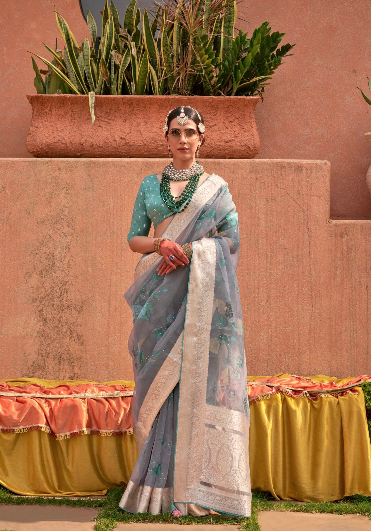 Sky Blue Organza Silk Saree with Jacquard Viscose Pallu and Border