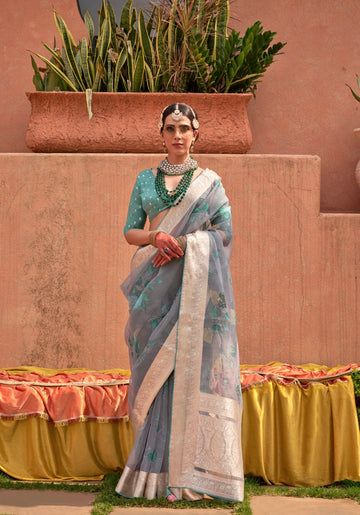 Sky Blue Organza Silk Saree with Jacquard Viscose Pallu and Border