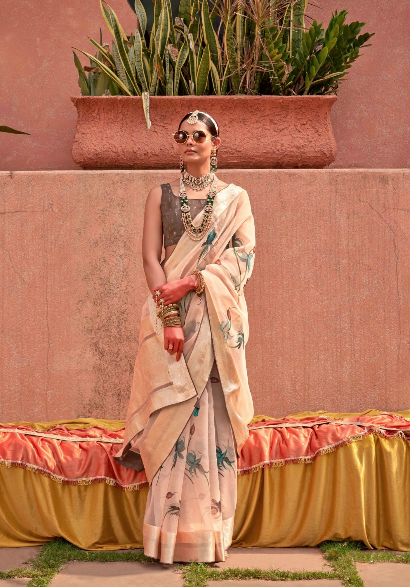 Cream Organza Silk Saree with Jacquard Viscose Pallu and Border