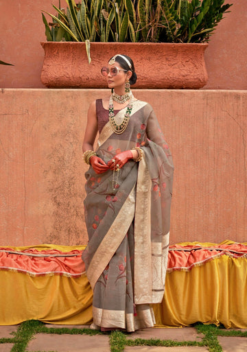 Brown Organza Silk Saree with Jacquard Viscose Pallu and Border