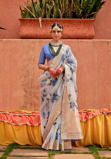 Blue Floral Organza Silk Saree with Jacquard Viscose Pallu