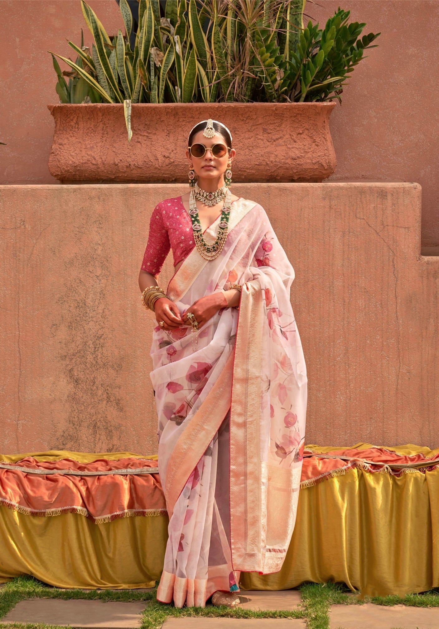 Pink Floral Organza Silk Saree with Jacquard Viscose Pallu