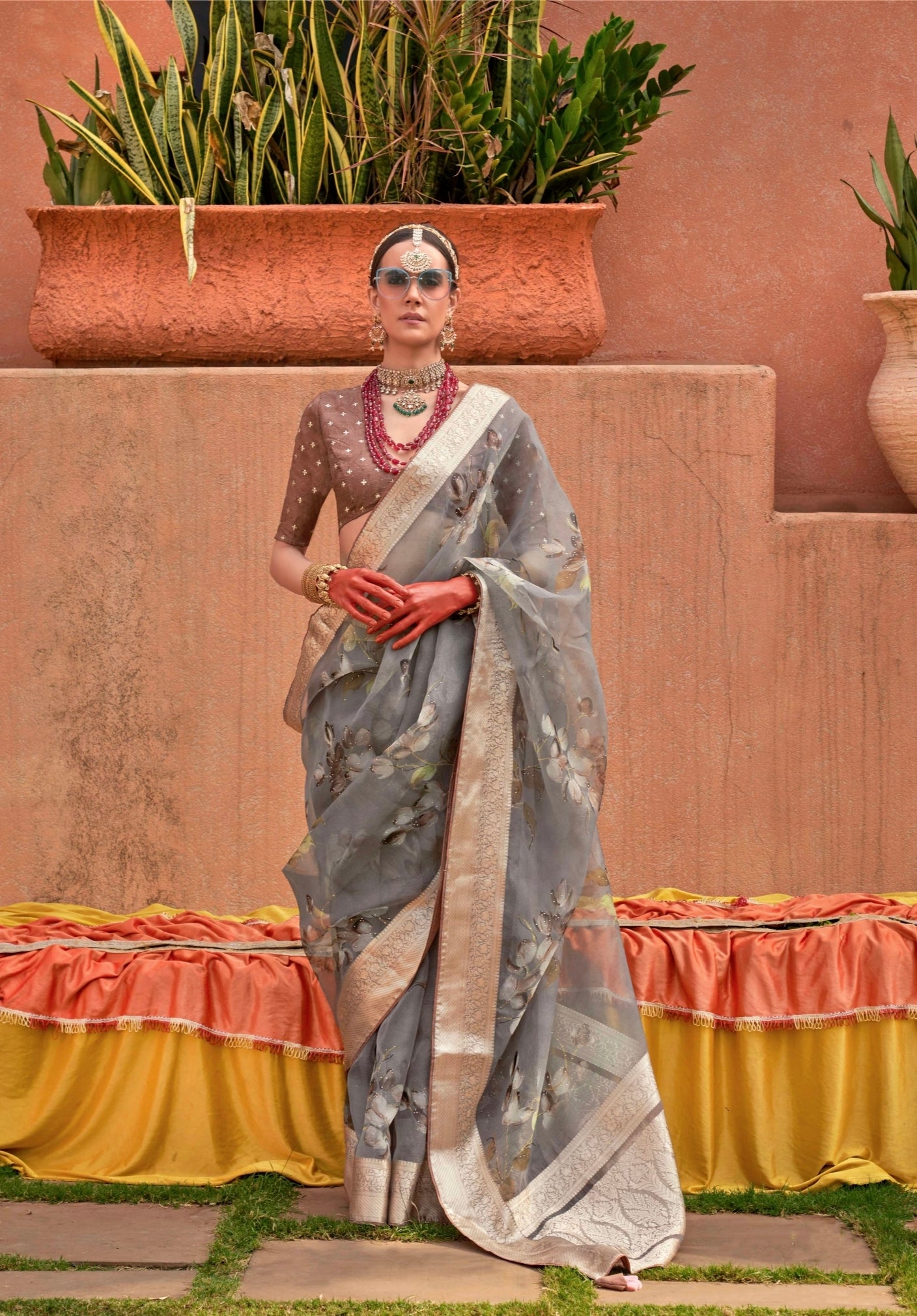 Grey Floral Organza Silk Saree with Jacquard Viscose Pallu