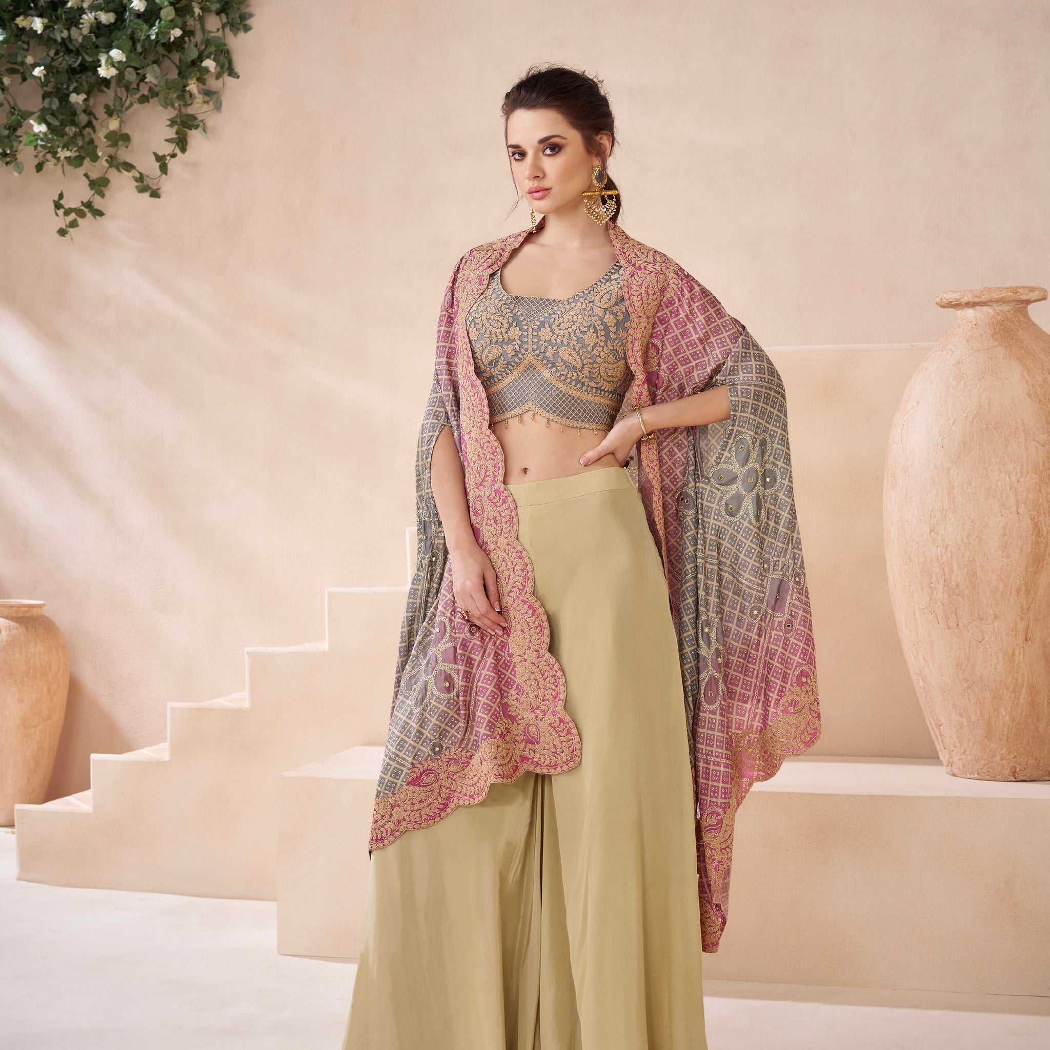 Grey and Beige Real Georgette Embroidered Sharara Set with Satin Georgette Shrug