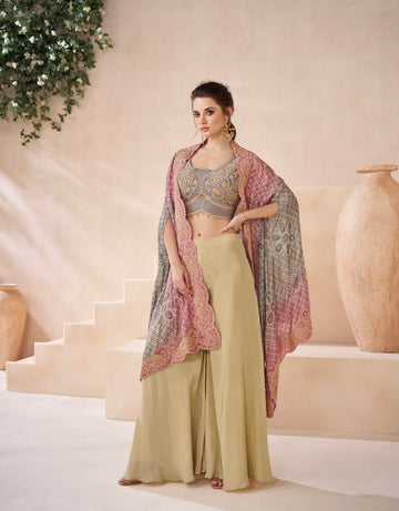 Grey and Beige Real Georgette Embroidered Sharara Set with Satin Georgette Shrug