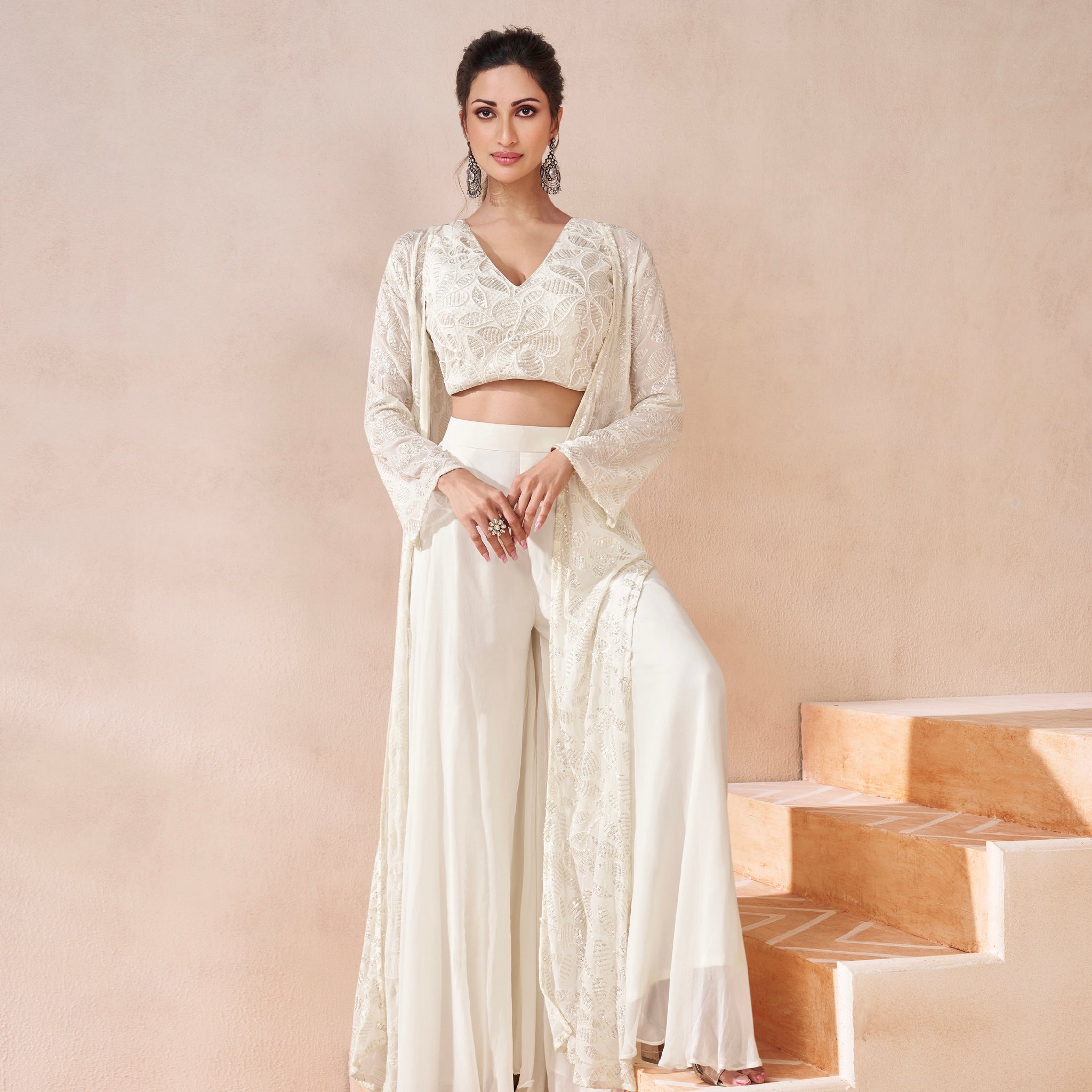 White Real Georgette Embroidered Sharara Set with Satin Georgette Shrug