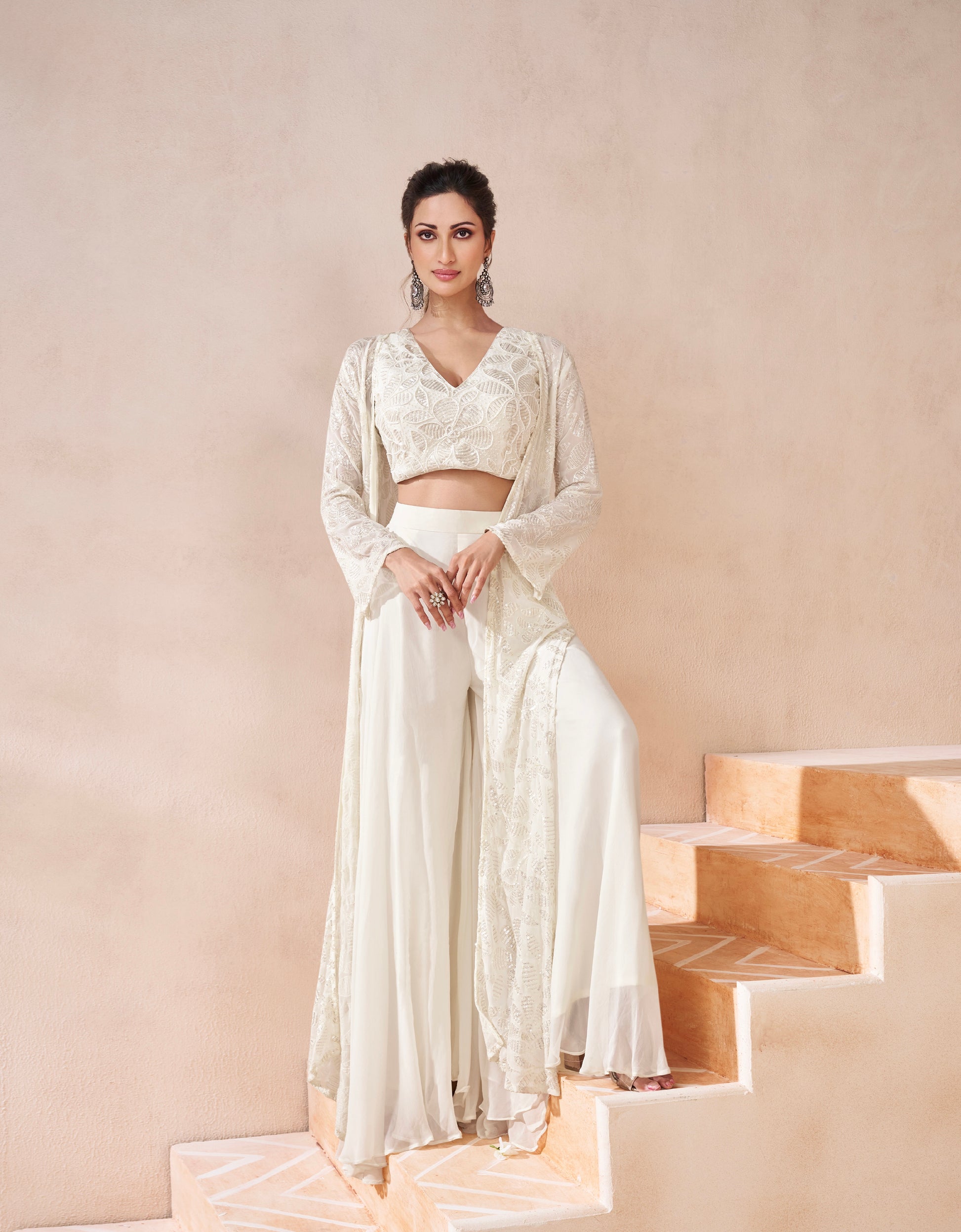 White Real Georgette Embroidered Sharara Set with Satin Georgette Shrug