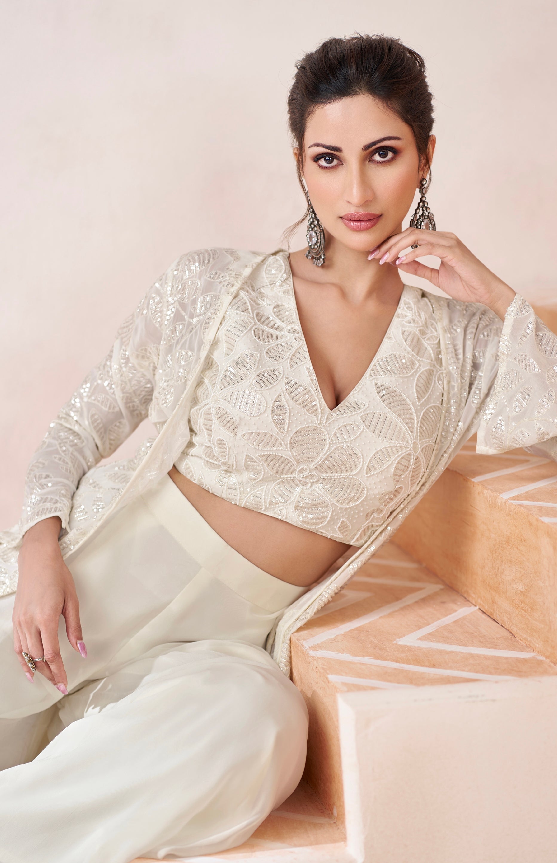 White Real Georgette Embroidered Sharara Set with Satin Georgette Shrug