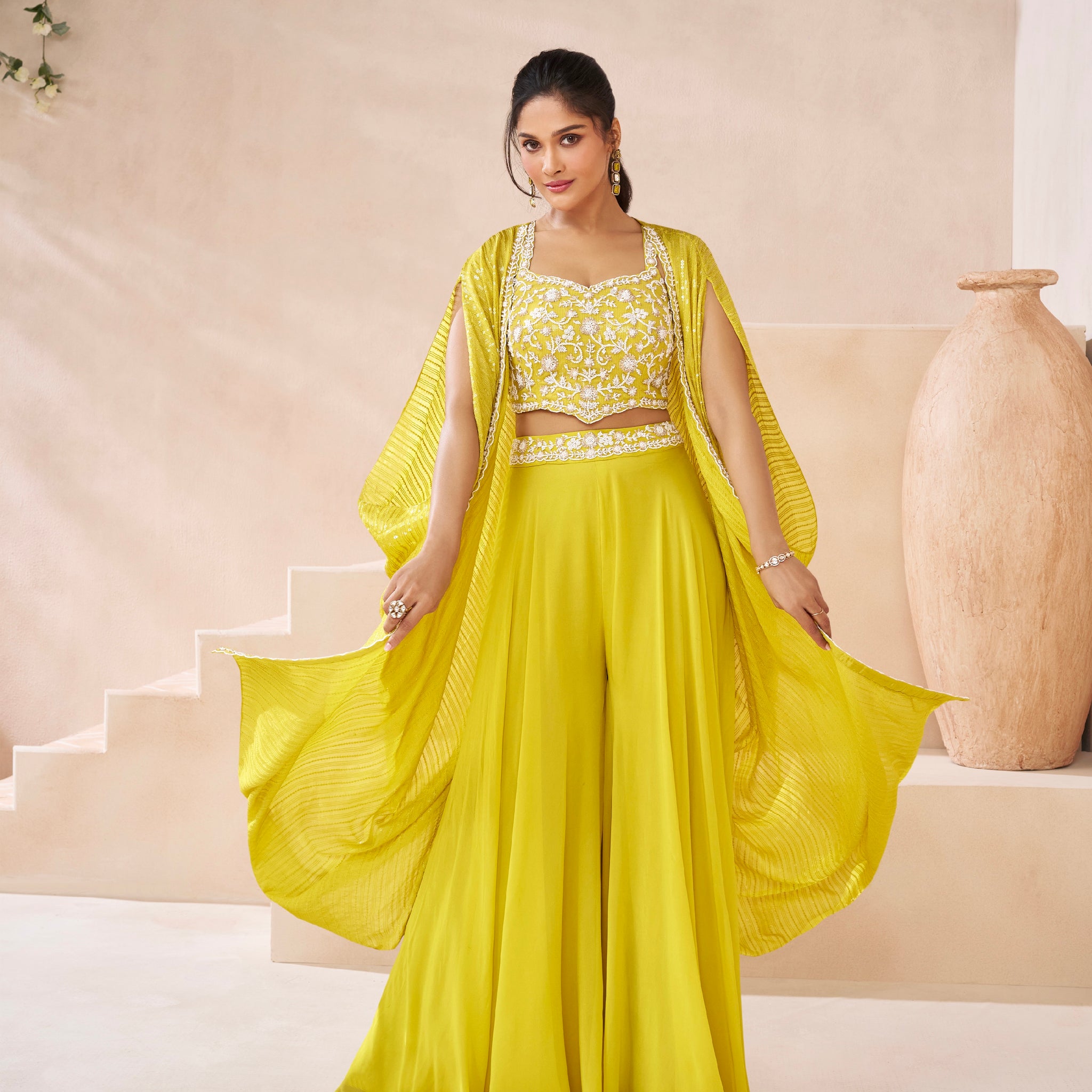 Yellow Real Georgette Embroidered Sharara Set with Satin Georgette Shrug