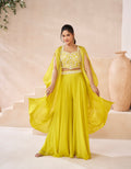 Yellow Real Georgette Embroidered Sharara Set with Satin Georgette Shrug