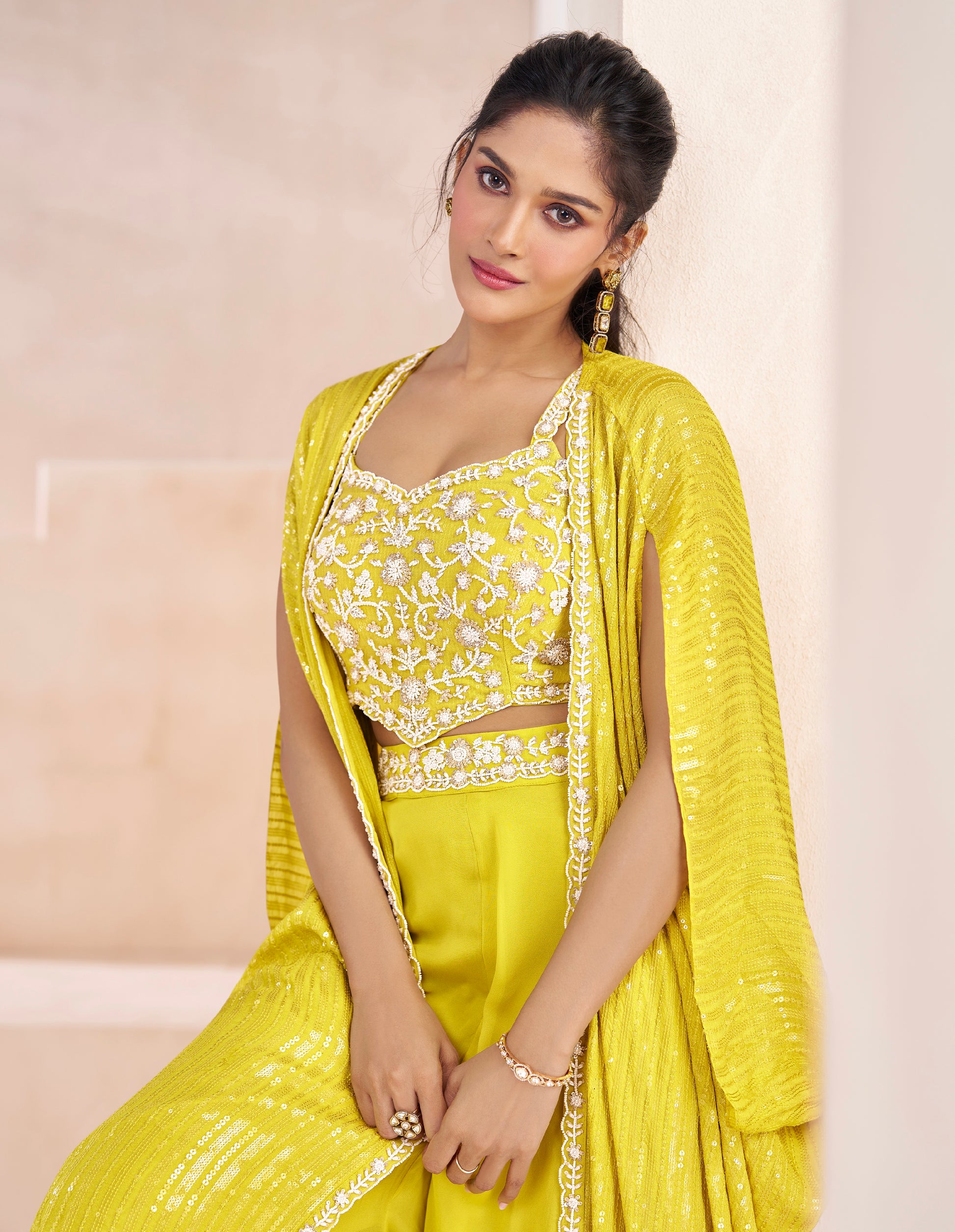 Yellow Real Georgette Embroidered Sharara Set with Satin Georgette Shrug