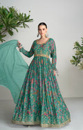 Green Real Chinon Anarkali Suit with Embroidery and Mirror Work