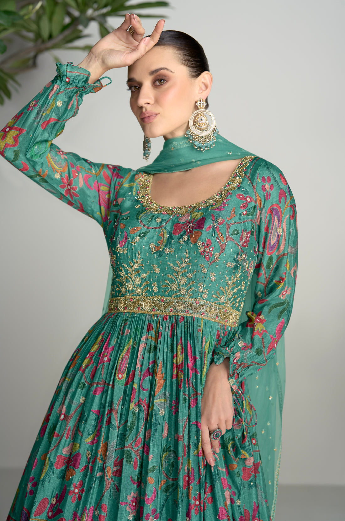 Green Real Chinon Anarkali Suit with Embroidery and Mirror Work