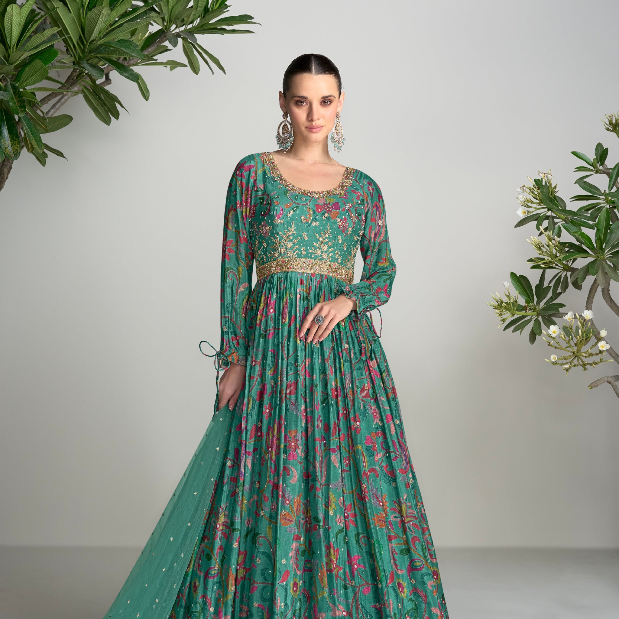 Green Real Chinon Anarkali Suit with Embroidery and Mirror Work