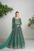 Green Real Chinon Anarkali Suit with Embroidery and Mirror Work