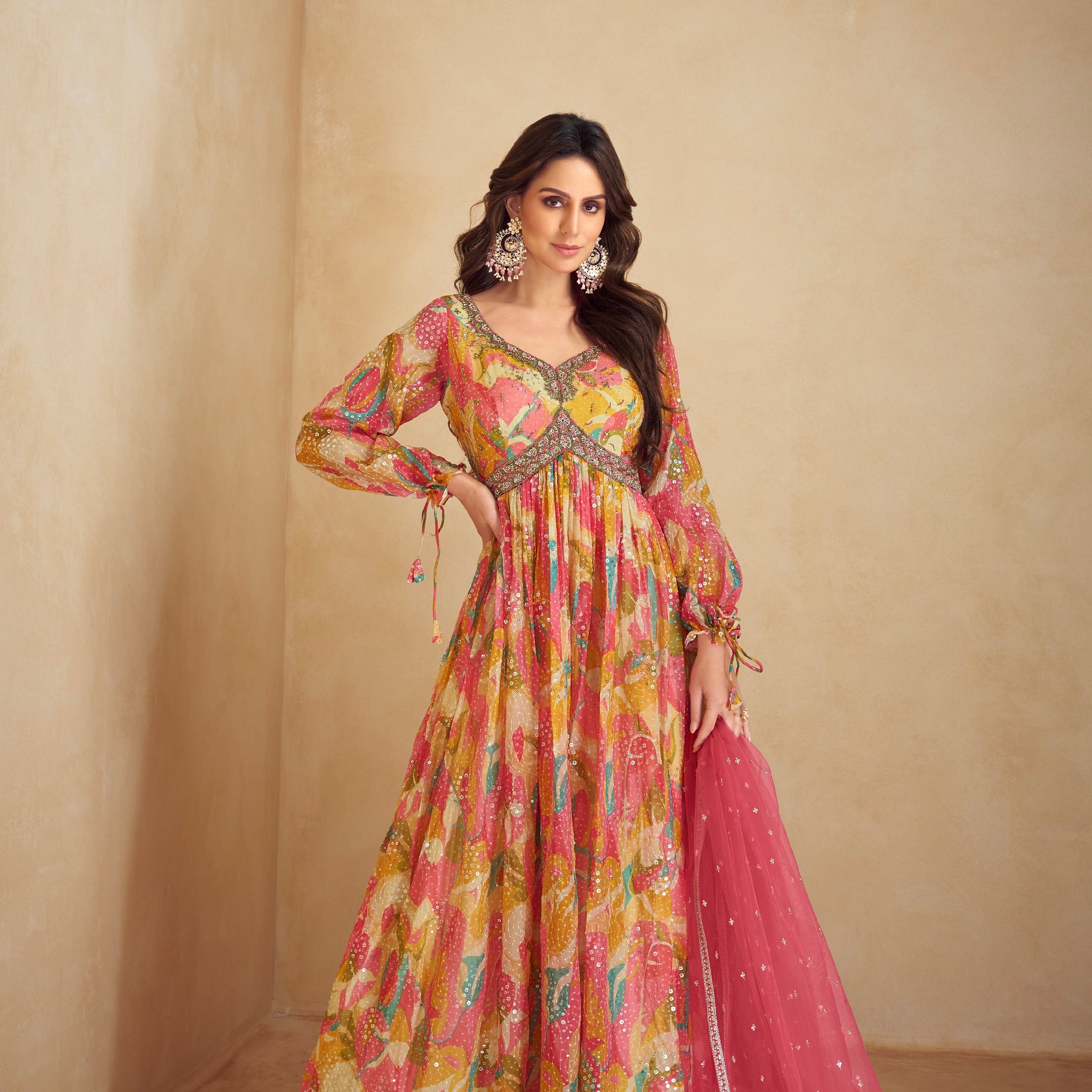 Multicolor Real Chinon Anarkali Suit with Embroidery and Mirror Work