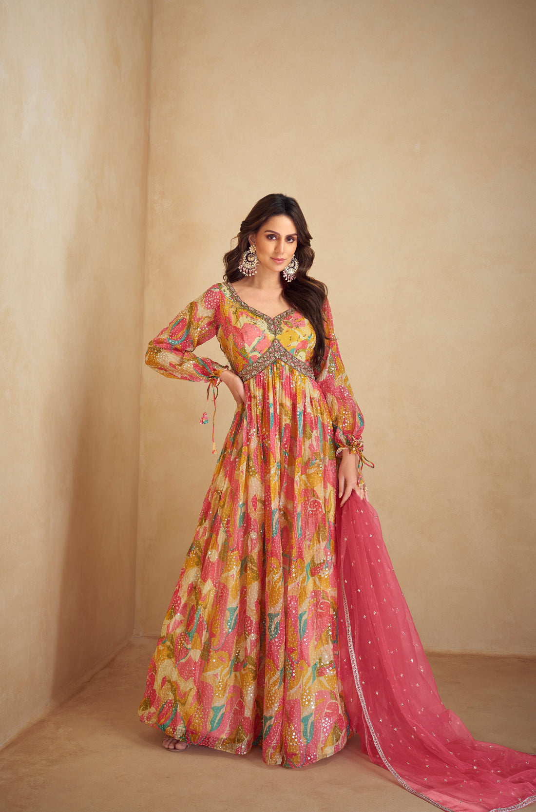 Multicolor Real Chinon Anarkali Suit with Embroidery and Mirror Work