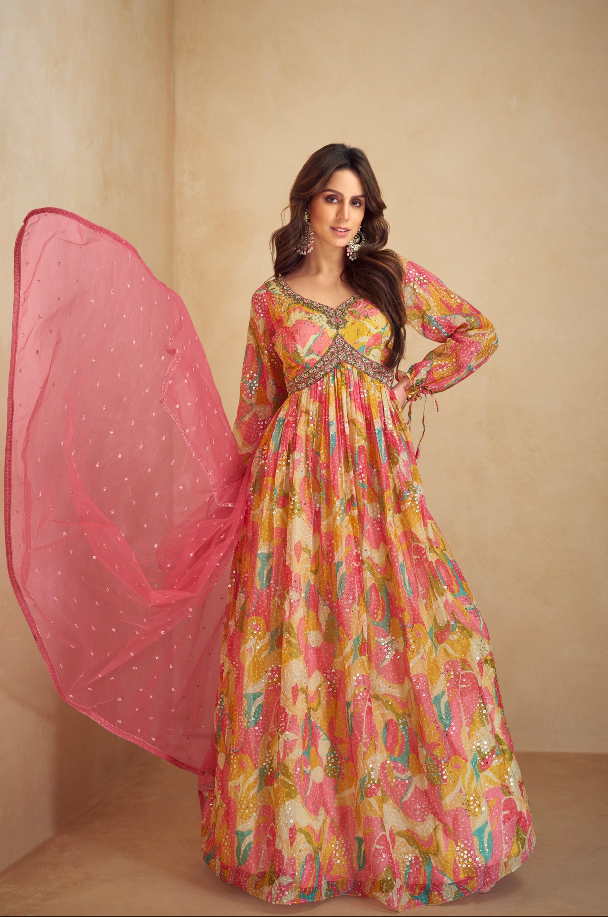 Multicolor Real Chinon Anarkali Suit with Embroidery and Mirror Work