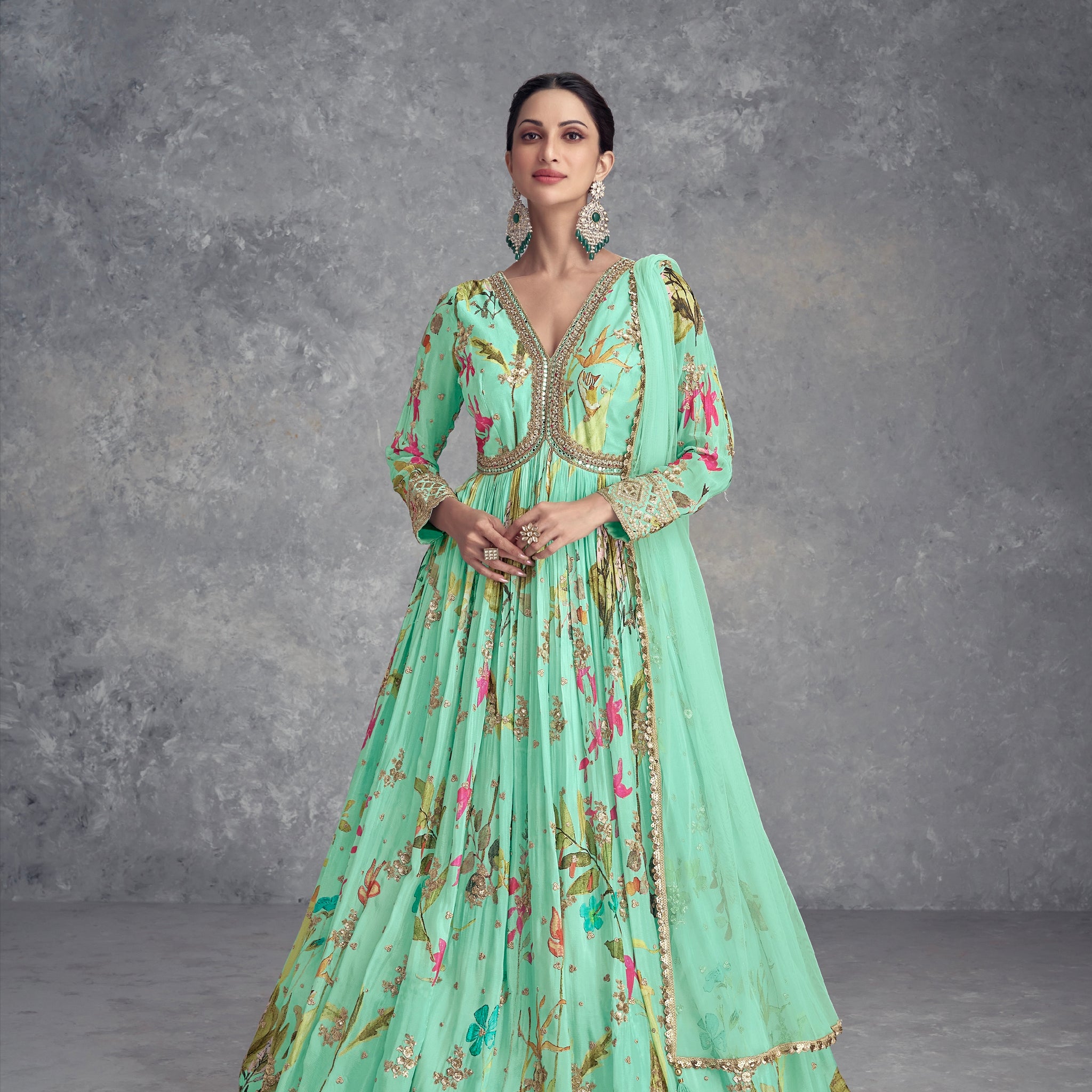 Mint Green Real Chinon Anarkali Suit with Embroidery and Mirror Work