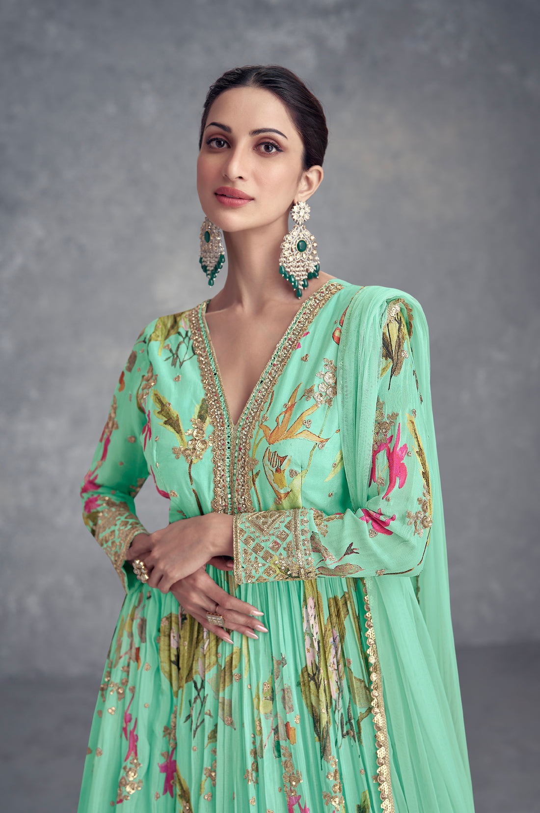 Mint Green Real Chinon Anarkali Suit with Embroidery and Mirror Work