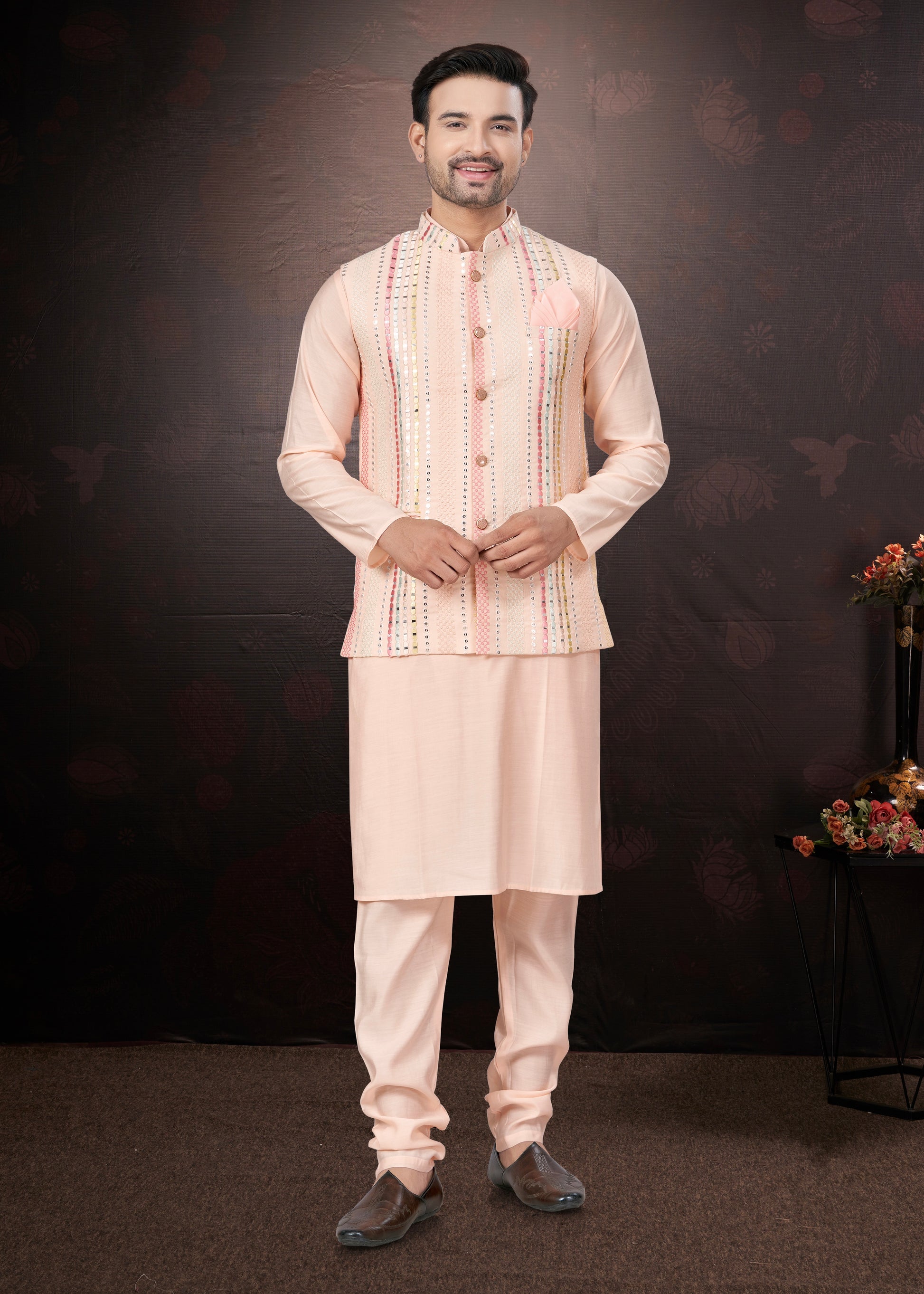 Peach Pure Silk Mirror Work Jacket Kurta Pajama Set