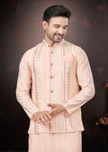 Peach Pure Silk Mirror Work Jacket Kurta Pajama Set