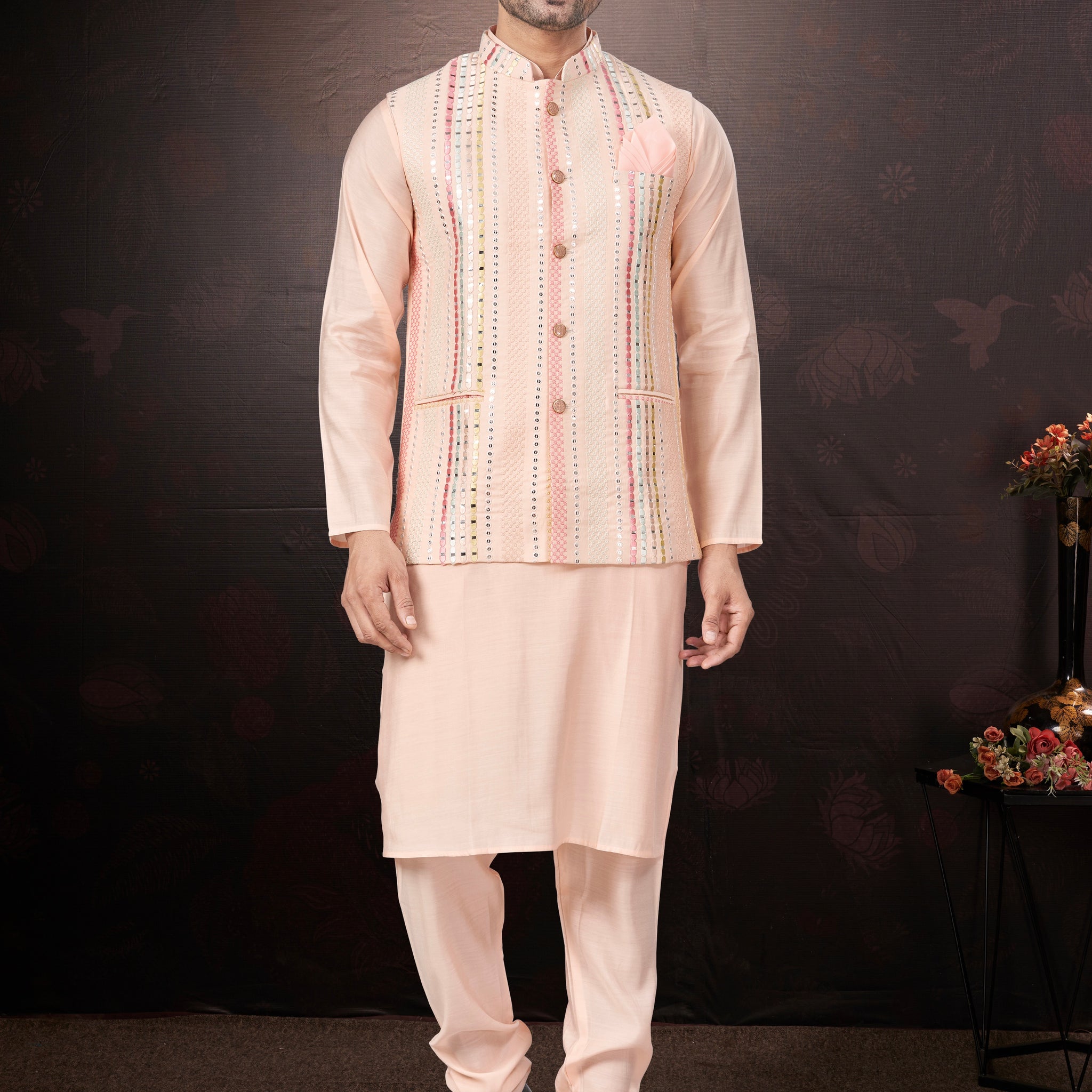 Peach Pure Silk Mirror Work Jacket Kurta Pajama Set