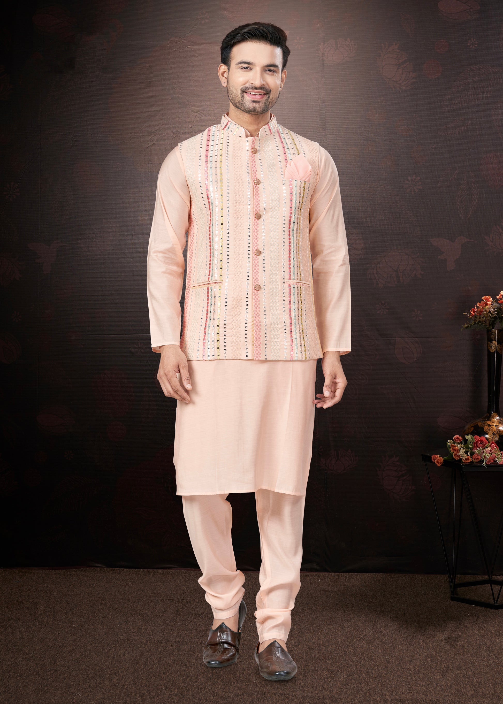 Peach Pure Silk Mirror Work Jacket Kurta Pajama Set