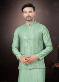 Green Pure Silk Mirror Work Jacket Kurta Pajama Set