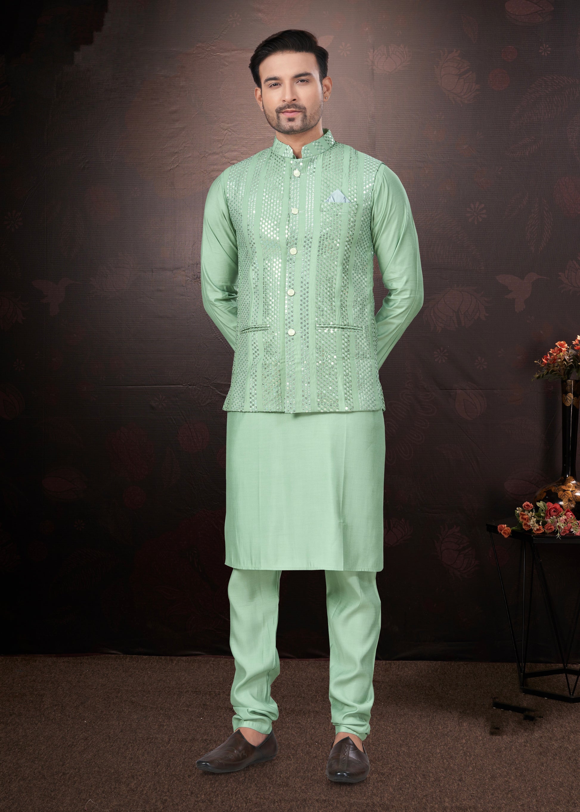 Green Pure Silk Mirror Work Jacket Kurta Pajama Set