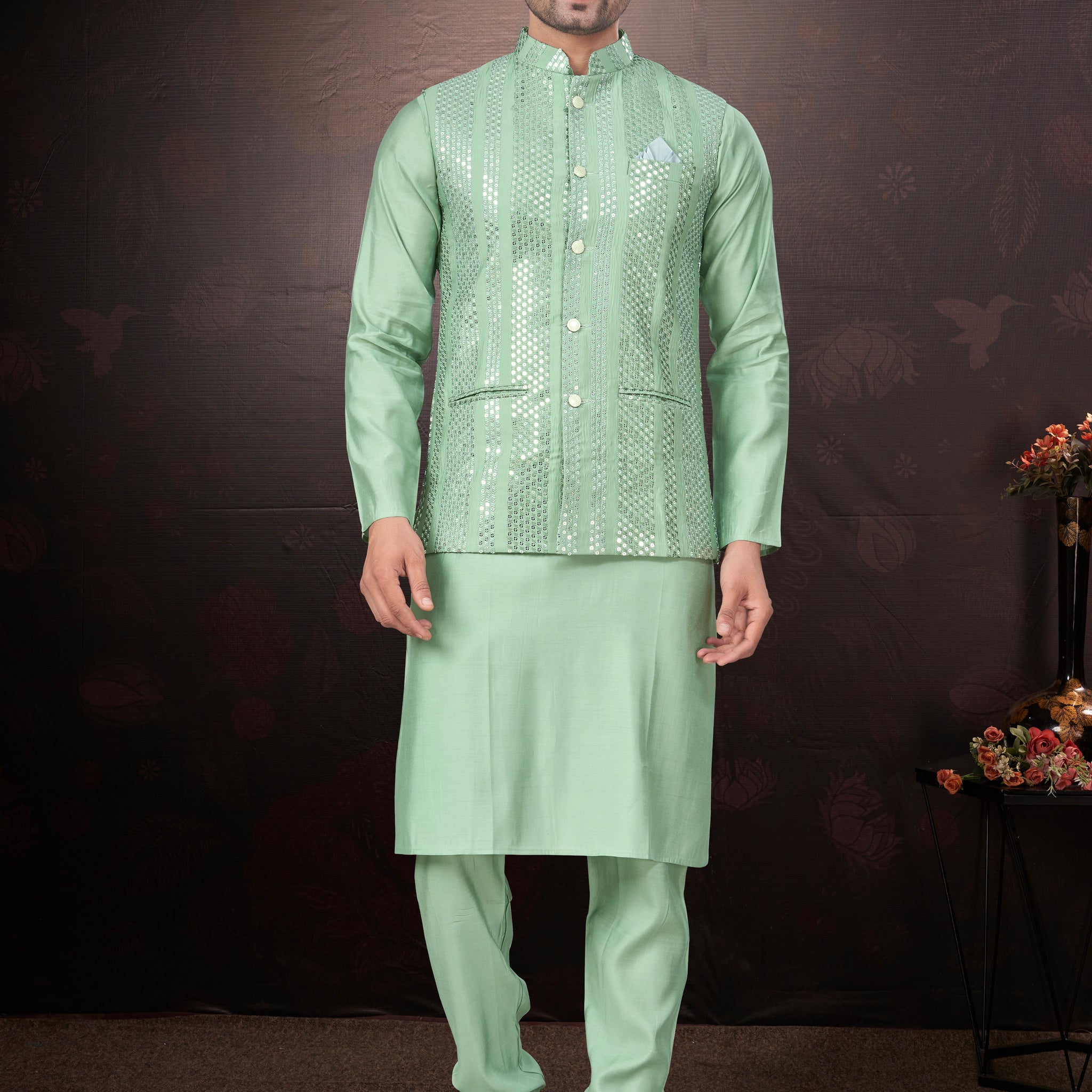 Green Pure Silk Mirror Work Jacket Kurta Pajama Set