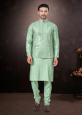 Green Pure Silk Mirror Work Jacket Kurta Pajama Set