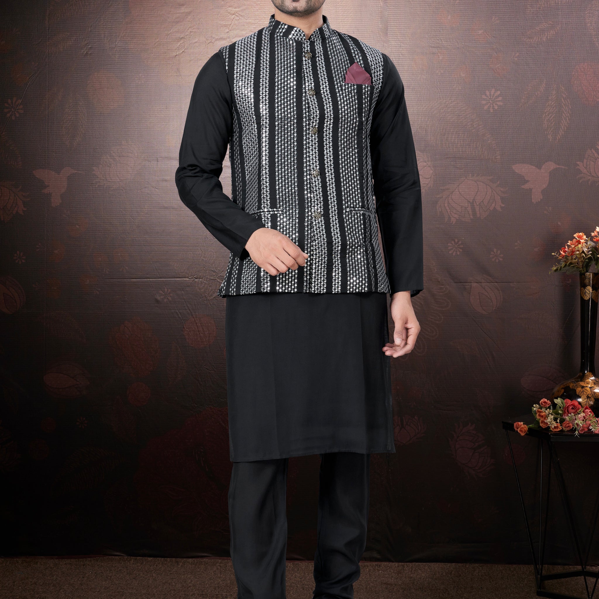 Black Pure Silk Mirror Work Jacket Kurta Pajama Set