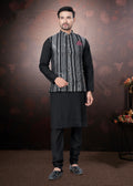 Black Pure Silk Mirror Work Jacket Kurta Pajama Set