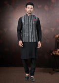 Black Pure Silk Mirror Work Jacket Kurta Pajama Set