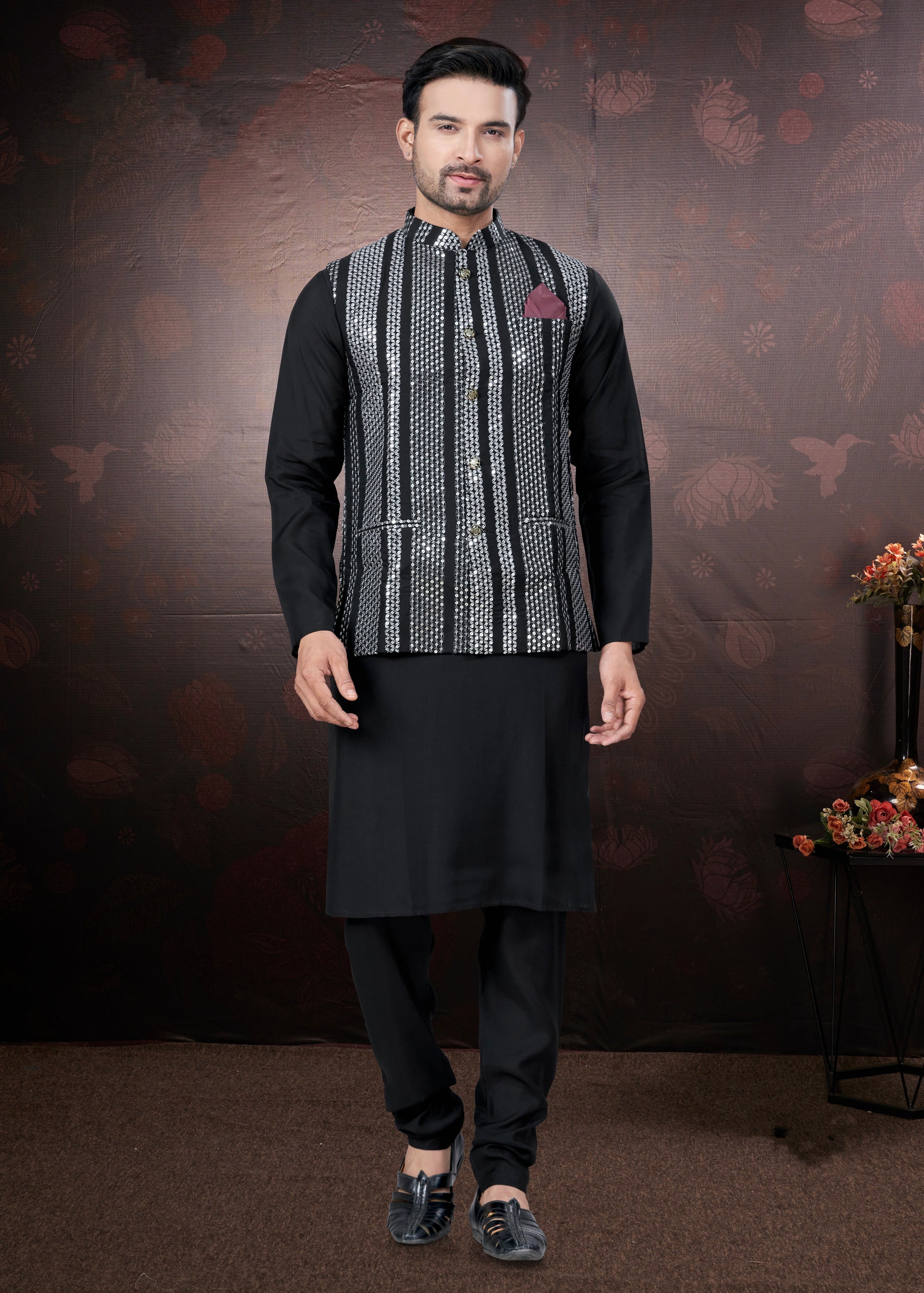 Black Pure Silk Mirror Work Jacket Kurta Pajama Set